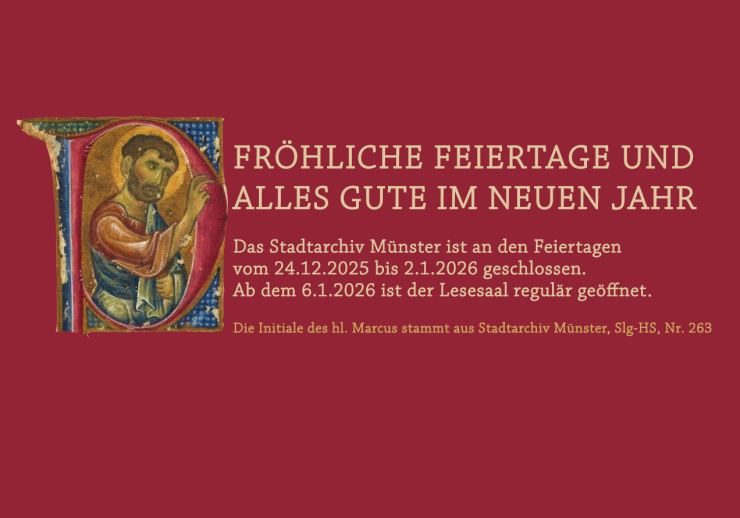 Weihnachtsgruß des Stadtarchivs Münster mit einer Initiale des hl. Marcus 