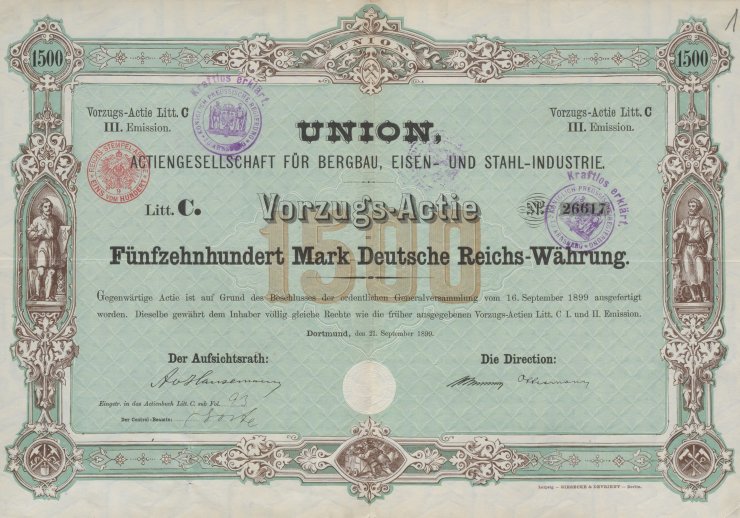 Union Vorzugs-Actie, verzierter Schein mit Stempeln